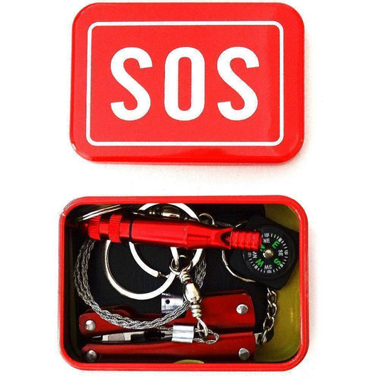 Portable Survival Kit | 8-Piece Compact Set | Durable Metal Box, Compass & Whistle