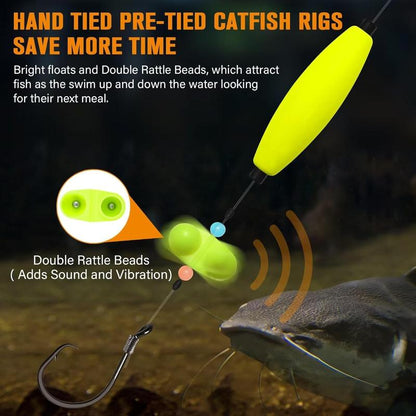 Pre-Rigged Catfish Rigs | Double Rattle Beads & Hi-Vis Floats | Carbon Steel Hooks 55 lb Leader
