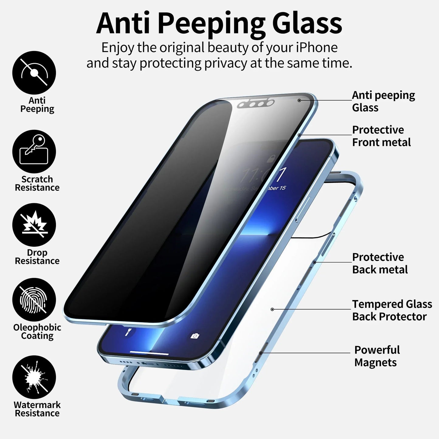 Privacy Phone Case | Magnetic Metal Frame & Tempered Glass | Clear Back & Scratch-Resistant