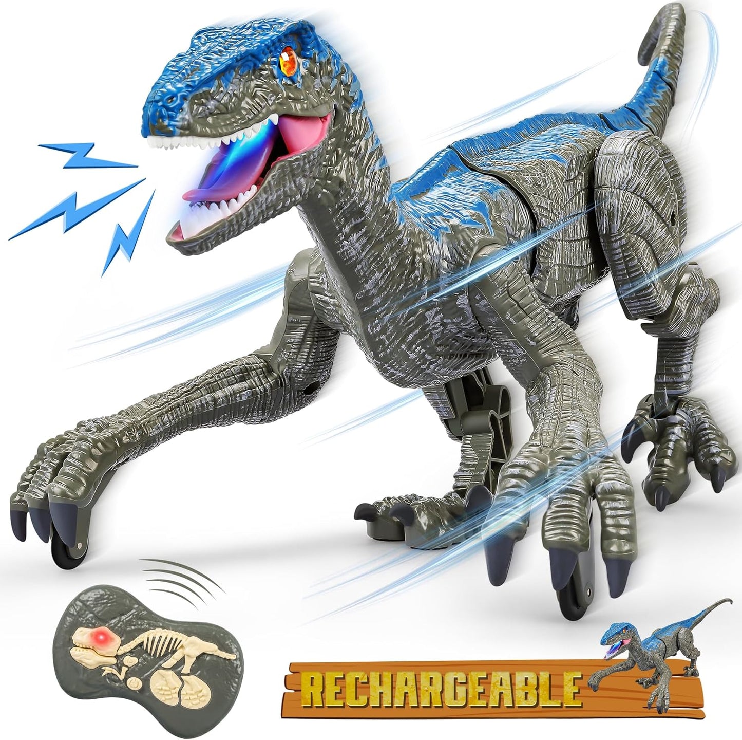 RC Dinosaur Toy for Kids | Interactive Velociraptor with Roar & 360° Spin | USB Rechargeable