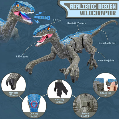 RC Dinosaur Toy for Kids | Interactive Velociraptor with Roar & 360° Spin | USB Rechargeable