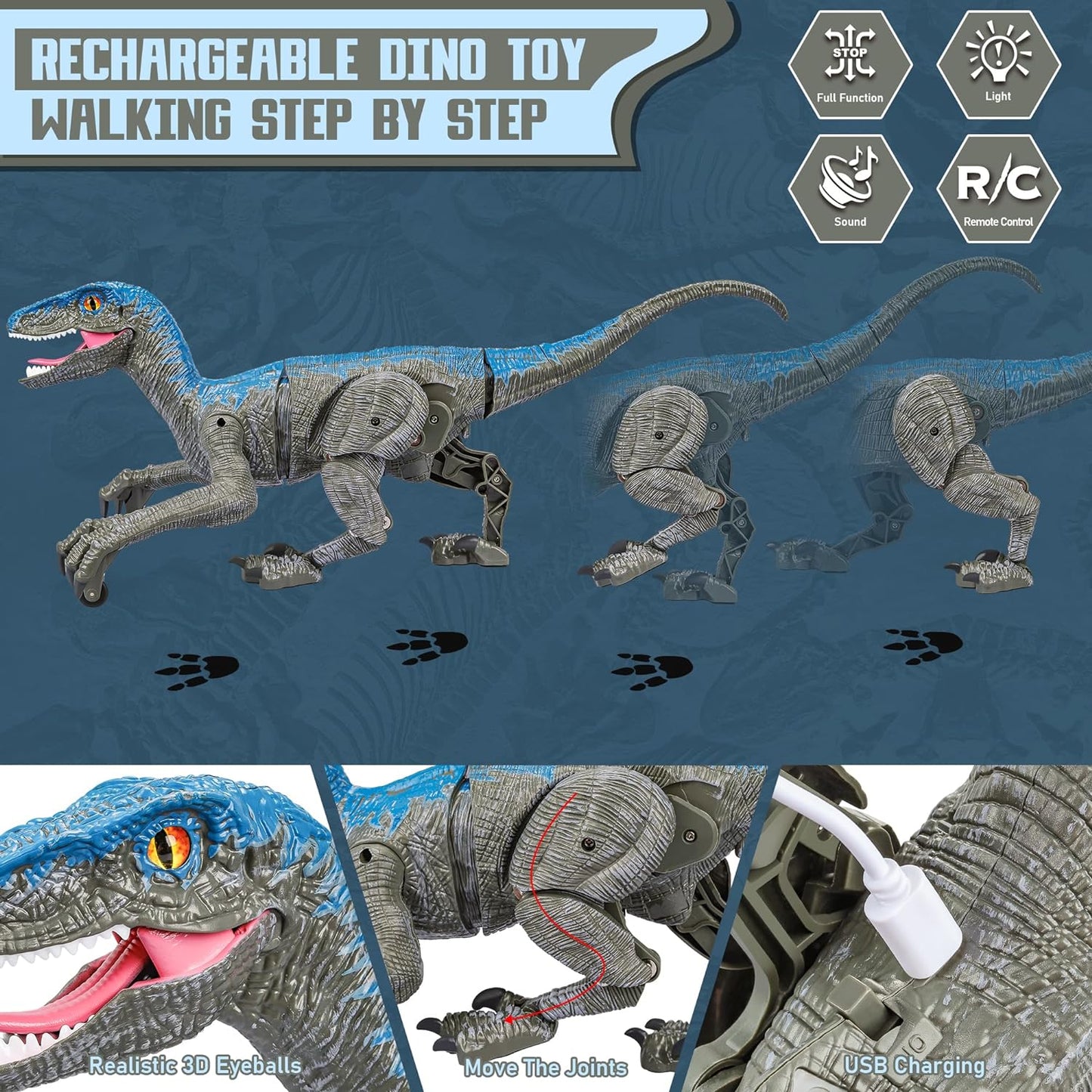 RC Dinosaur Toy for Kids | Interactive Velociraptor with Roar & 360° Spin | USB Rechargeable