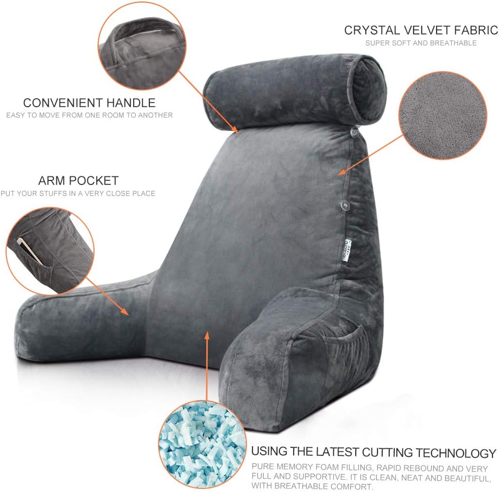 Reading Pillow with Arms | Velvet Cover & Plush Fill | Side Pocket & Handles | 75 x 45 cm