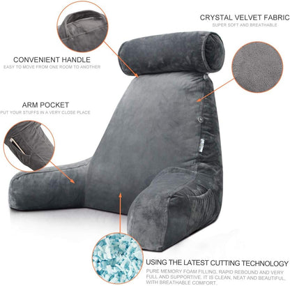 Reading Pillow with Arms | Velvet Cover & Plush Fill | Side Pocket & Handles | 75 x 45 cm