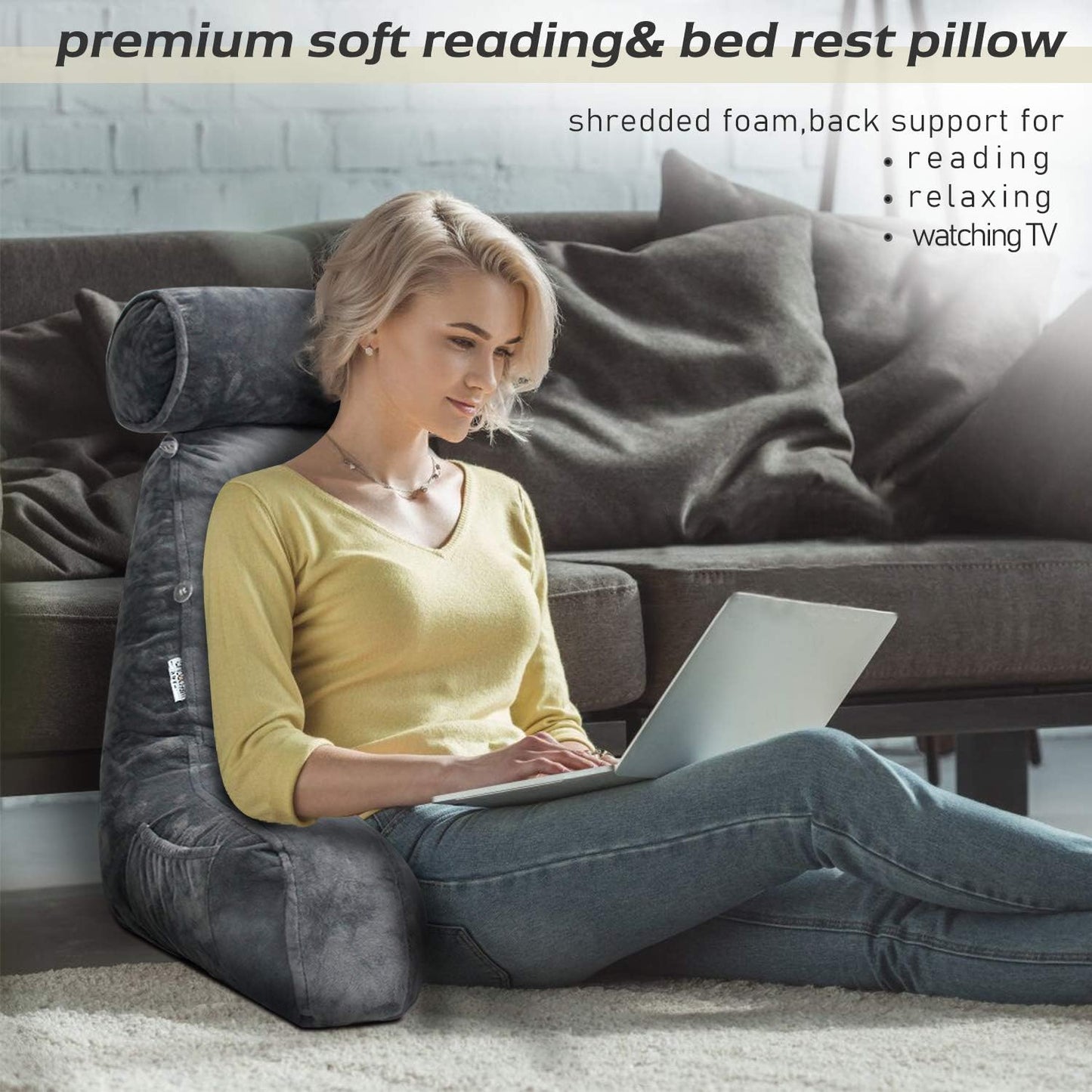 Reading Pillow with Arms | Velvet Cover & Plush Fill | Side Pocket & Handles | 75 x 45 cm