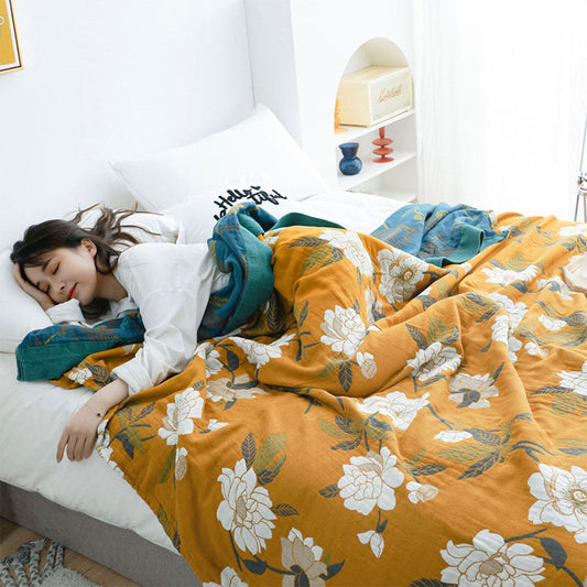 Reversible Cotton Quilt | Boho Yellow Floral Design | Machine Washable | Year-Round Comfort