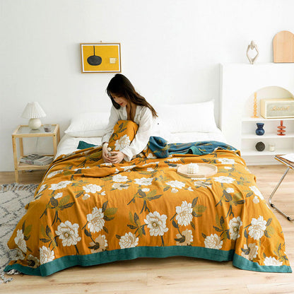 Reversible Cotton Quilt | Boho Yellow Floral Design | Machine Washable | Year-Round Comfort