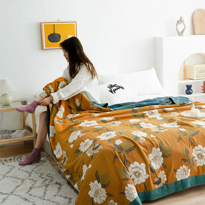 Reversible Cotton Quilt | Boho Yellow Floral Design | Machine Washable | Year-Round Comfort