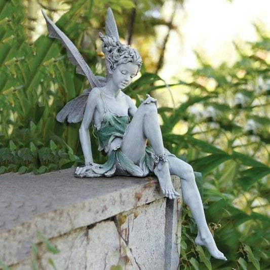 Sitting Fairy Garden Statue | Hand-Painted Resin Winged Figurine | Weather-Resistant Outdoor Decor