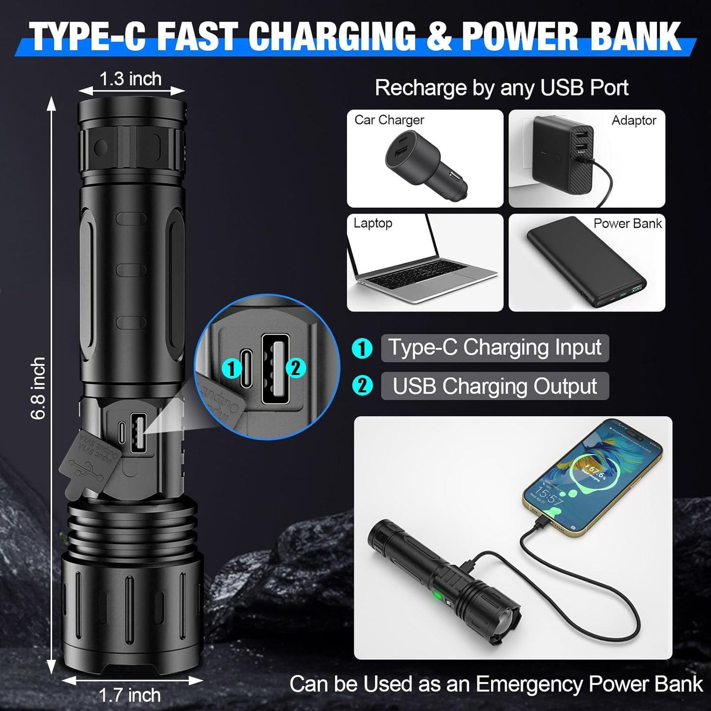 Tactical Flashlight | Ultra-Bright LED | Long Battery & Type-C Power Bank | Aluminum Body