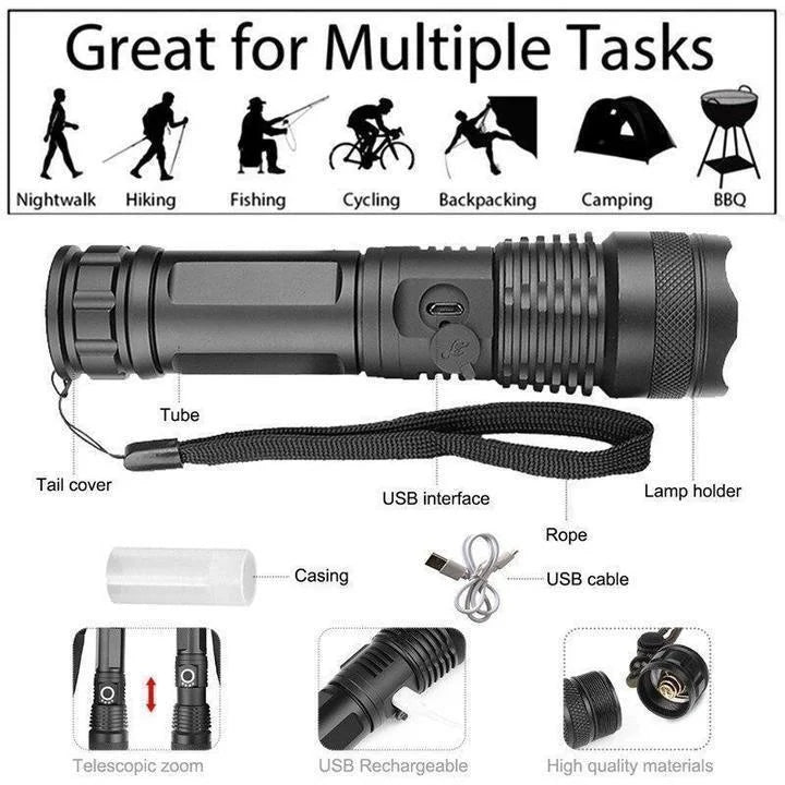 Tactical LED Flashlight | Super Bright 90,000 Lumens | USB Rechargeable | Aluminum Body