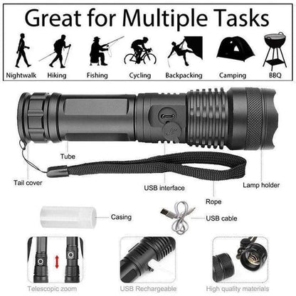 Tactical LED Flashlight | Super Bright 90,000 Lumens | USB Rechargeable | Aluminum Body