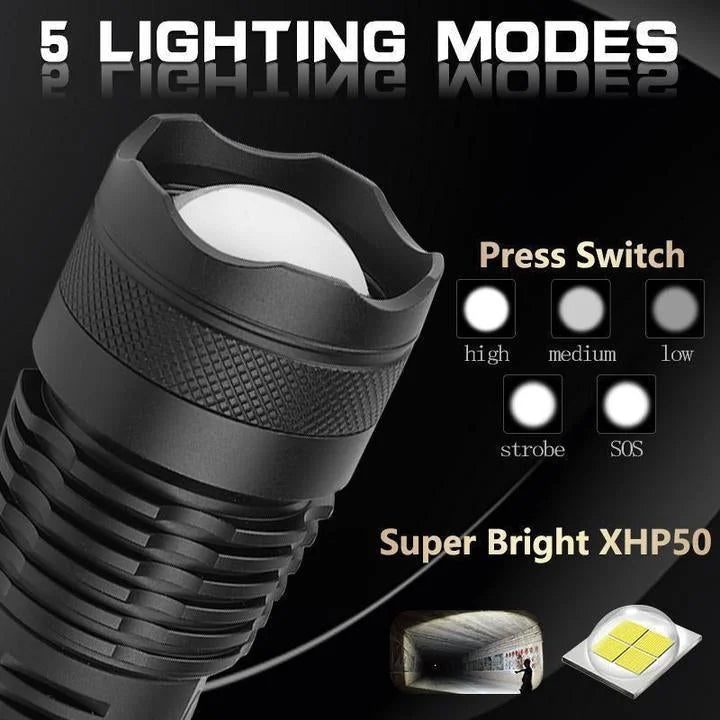 Tactical LED Flashlight | Super Bright 90,000 Lumens | USB Rechargeable | Aluminum Body