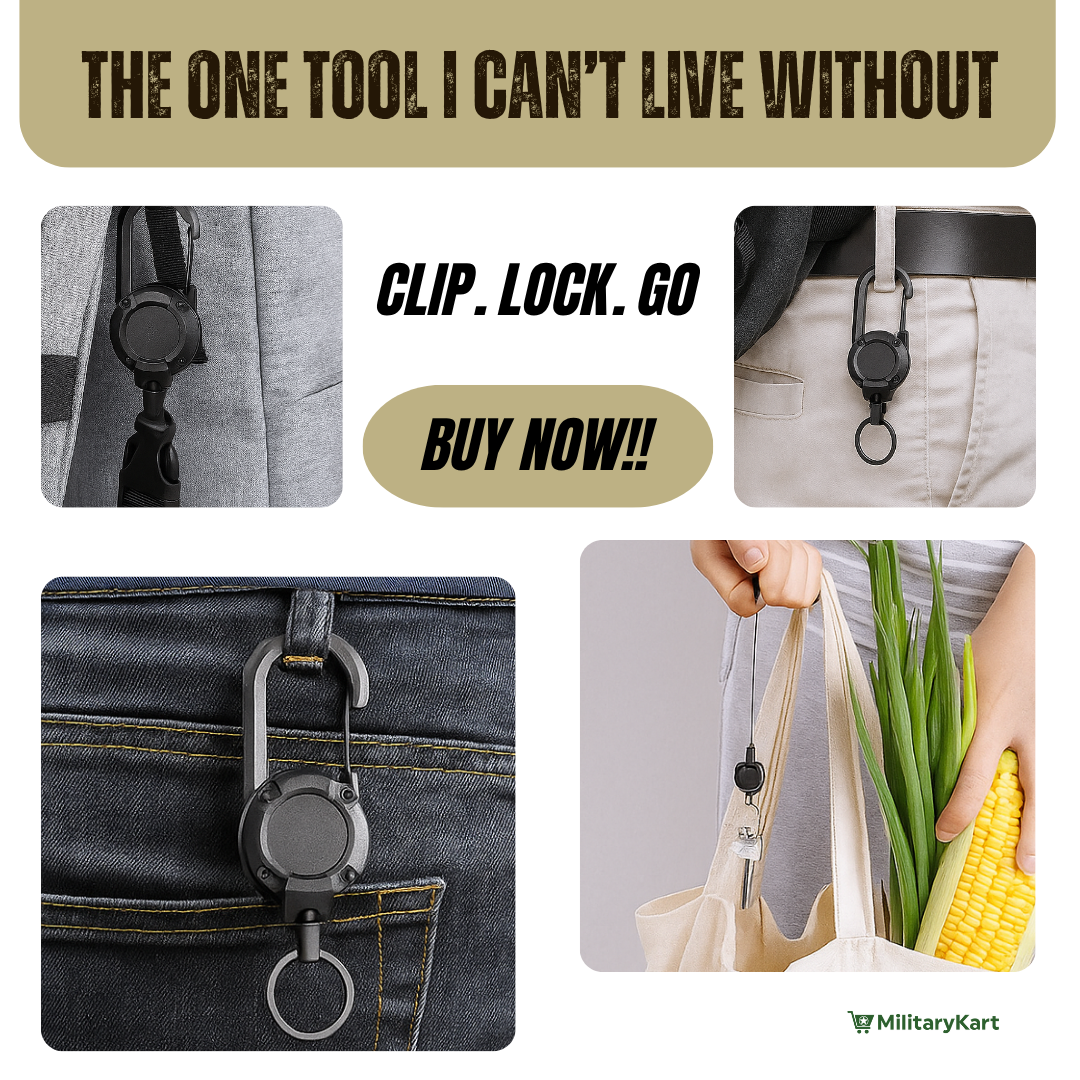 Tactical Retractable Keychain | Heavy-Duty Spring Carabiner | Metal & 65cm Cord | Outdoor Use