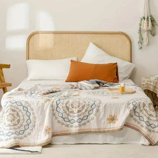 Throw Blanket | Nordic Boho Design | Lightweight Cotton Gauze with Fringe