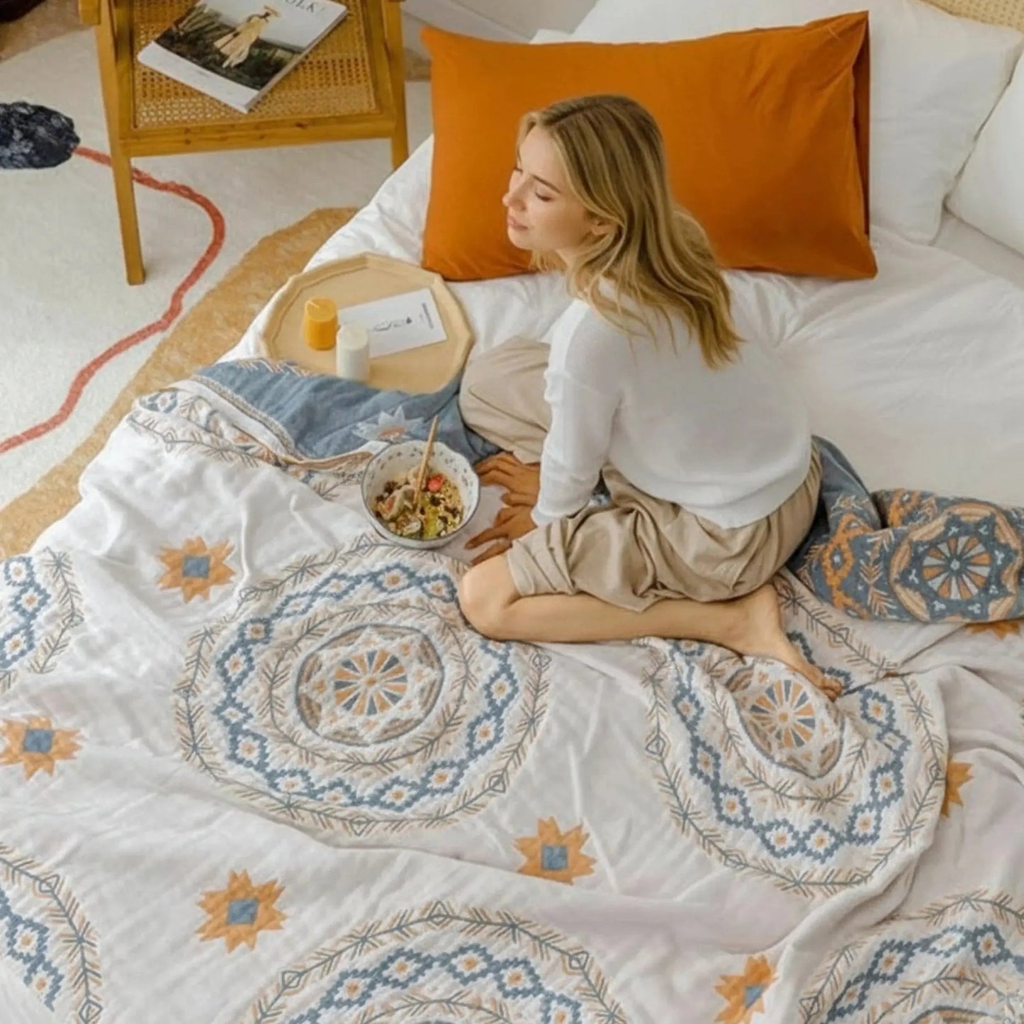 Throw Blanket | Nordic Boho Design | Lightweight Cotton Gauze with Fringe