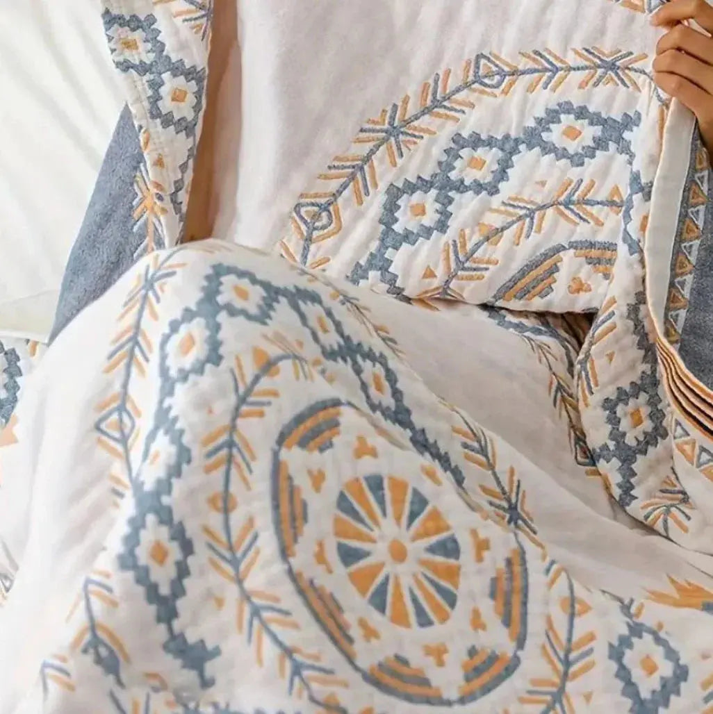 Throw Blanket | Nordic Boho Design | Lightweight Cotton Gauze with Fringe