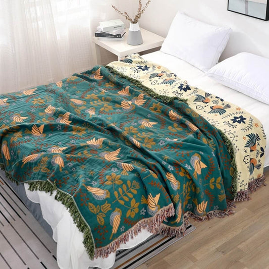 Throw Blanket | Reversible Scandinavian Bird Design | Cotton | Cozy & Versatile