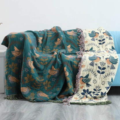 Throw Blanket | Reversible Scandinavian Bird Design | Cotton | Cozy & Versatile