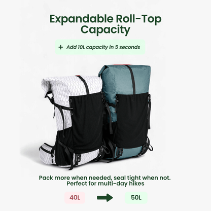 Travel Backpack for Hiking | Ultralight Roll-Top | 50L Capacity, Water-Resistant Ripstop Nylon