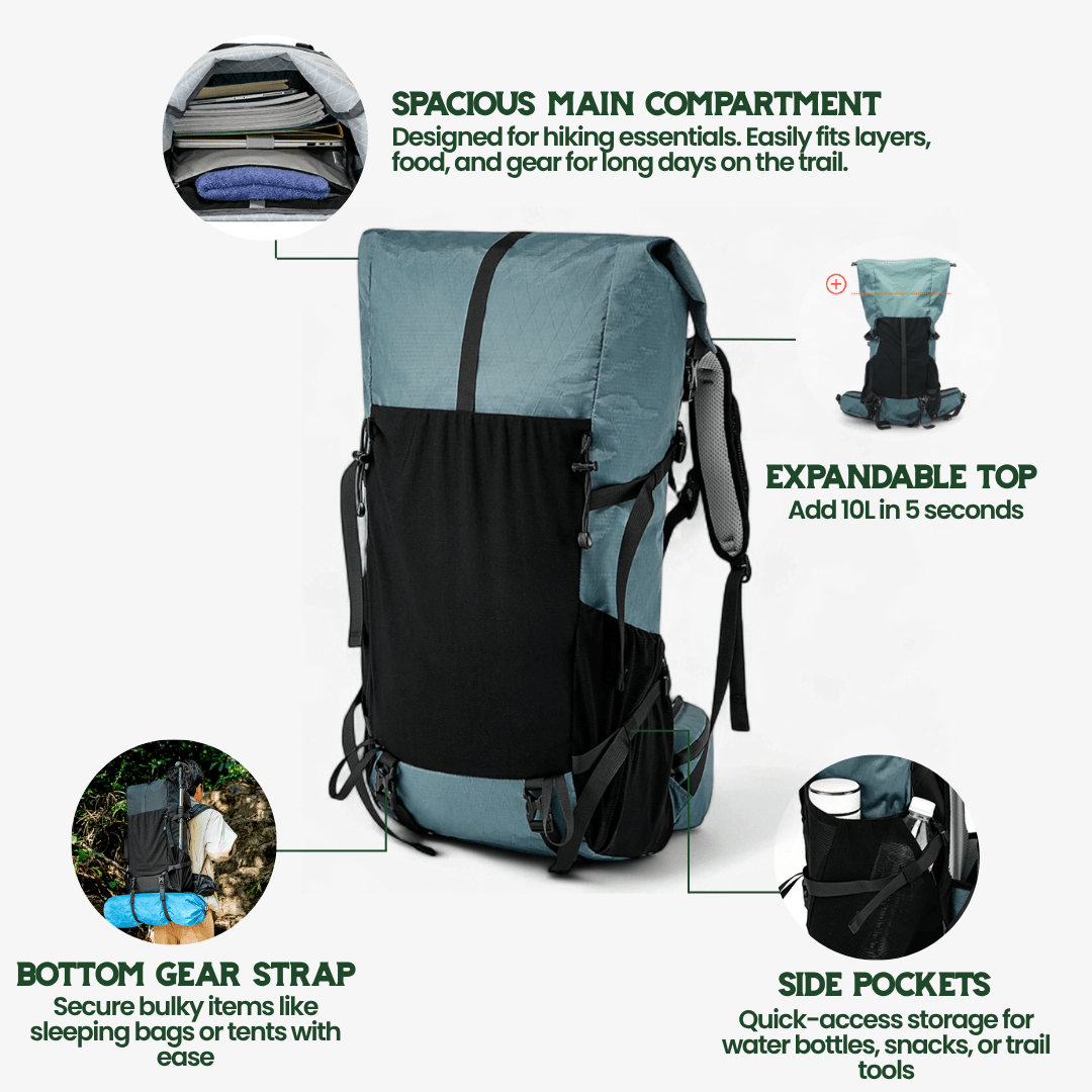 Travel Backpack for Hiking | Ultralight Roll-Top | 50L Capacity, Water-Resistant Ripstop Nylon
