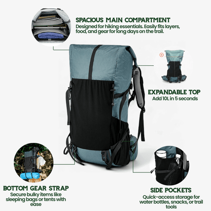 Travel Backpack for Hiking | Ultralight Roll-Top | 50L Capacity, Water-Resistant Ripstop Nylon