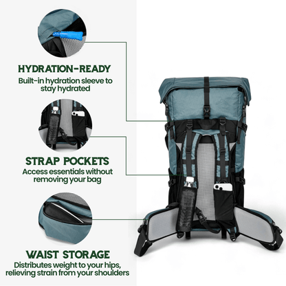 Travel Backpack for Hiking | Ultralight Roll-Top | 50L Capacity, Water-Resistant Ripstop Nylon