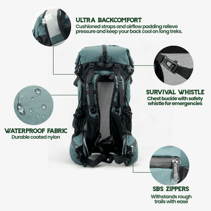 Travel Backpack for Hiking | Ultralight Roll-Top | 50L Capacity, Water-Resistant Ripstop Nylon