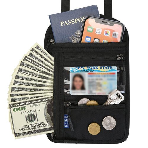 Travel Neck Wallet | RFID Blocking Passport Holder | Water-Resistant Nylon & Zip Pockets