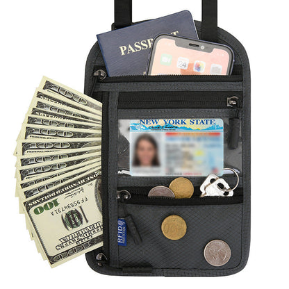 Travel Neck Wallet | RFID Blocking Passport Holder | Water-Resistant Nylon & Zip Pockets