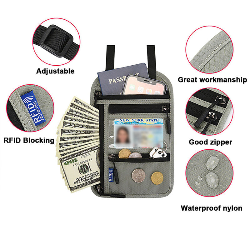 Travel Neck Wallet | RFID Blocking Passport Holder | Water-Resistant Nylon & Zip Pockets