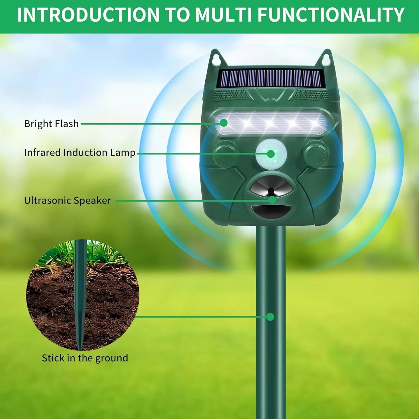 Ultrasonic Animal Repeller | Solar-Powered Motion-Activated | 1,200 sq ft Coverage