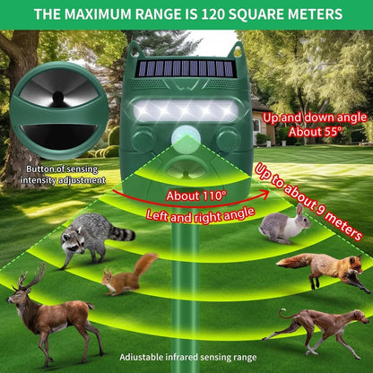 Ultrasonic Animal Repeller | Solar-Powered Motion-Activated | 1,200 sq ft Coverage