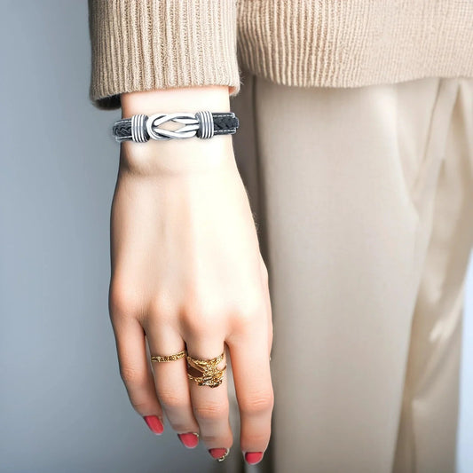 Unisex Leather Bracelet | Eternal Love Knot | Vegan Leather & Stainless Steel | Adjustable Fit