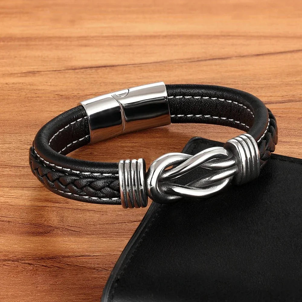 Unisex Leather Bracelet | Eternal Love Knot | Vegan Leather & Stainless Steel | Adjustable Fit