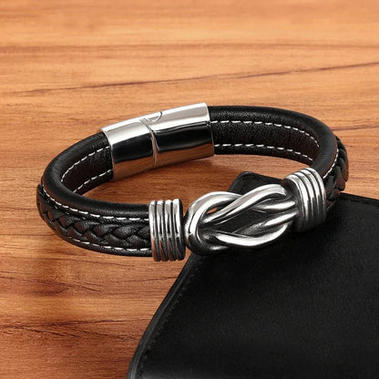Unisex Leather Bracelet | Eternal Love Knot | Vegan Leather & Stainless Steel | Adjustable Fit