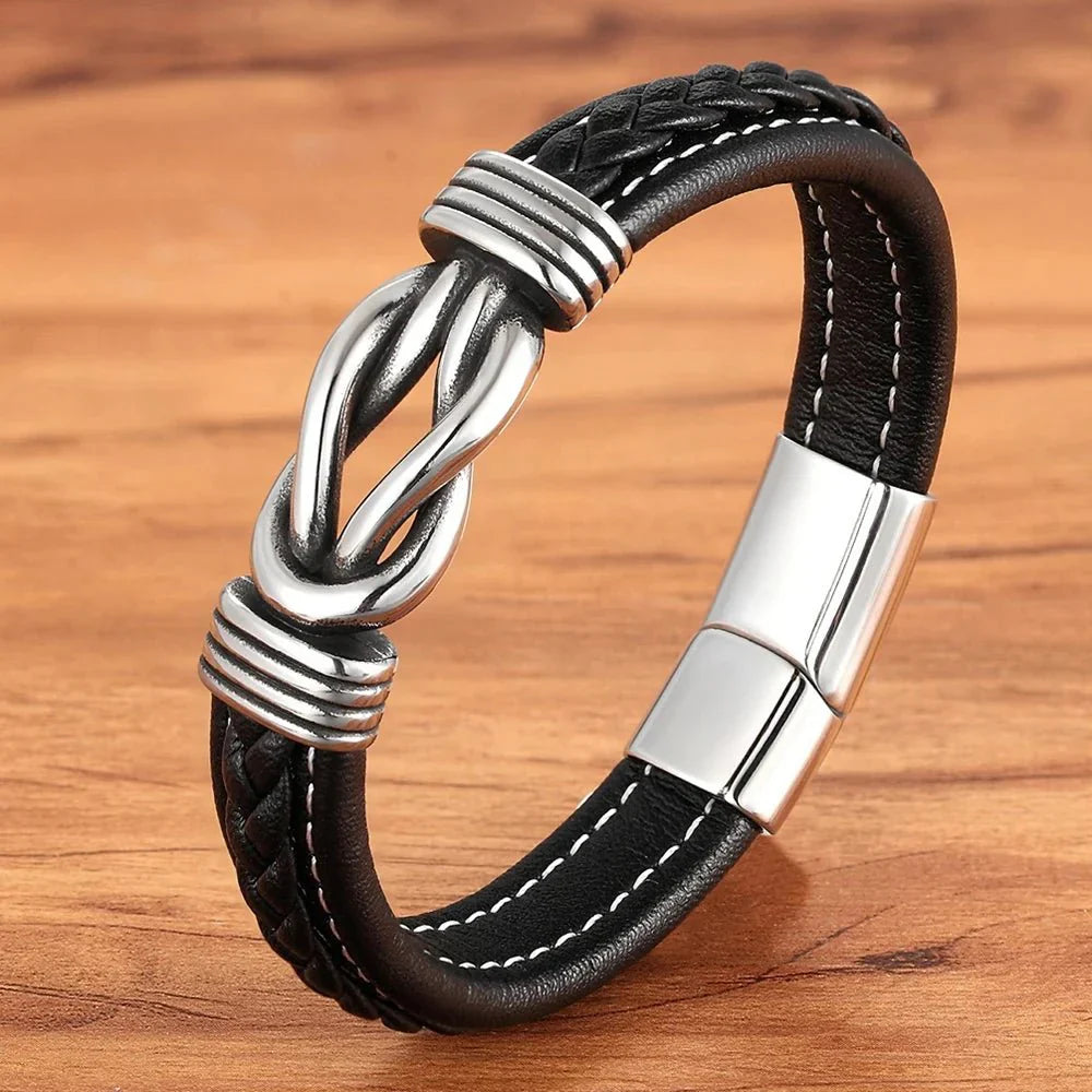 Unisex Leather Bracelet | Eternal Love Knot | Vegan Leather & Stainless Steel | Adjustable Fit