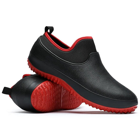 Unisex Waterproof Slip-On Work Shoes | Non-Slip Traction | Black, Blue & Red | Durable Design