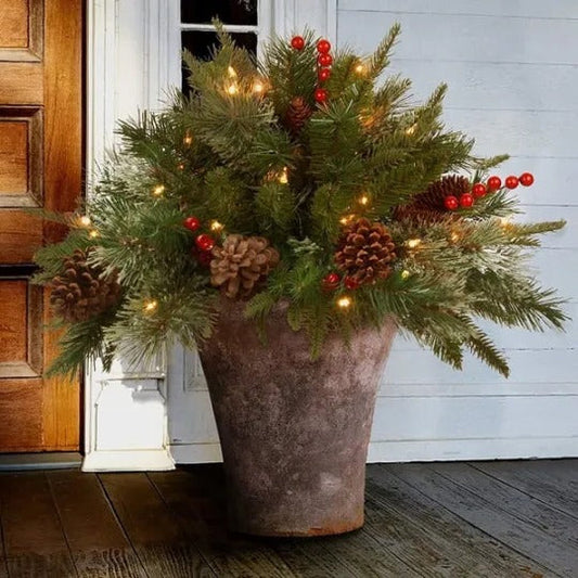 Urn Filler | Pre-Lit Flocked Arrangement with Pine Cones & Berries | 18 in Base Diameter