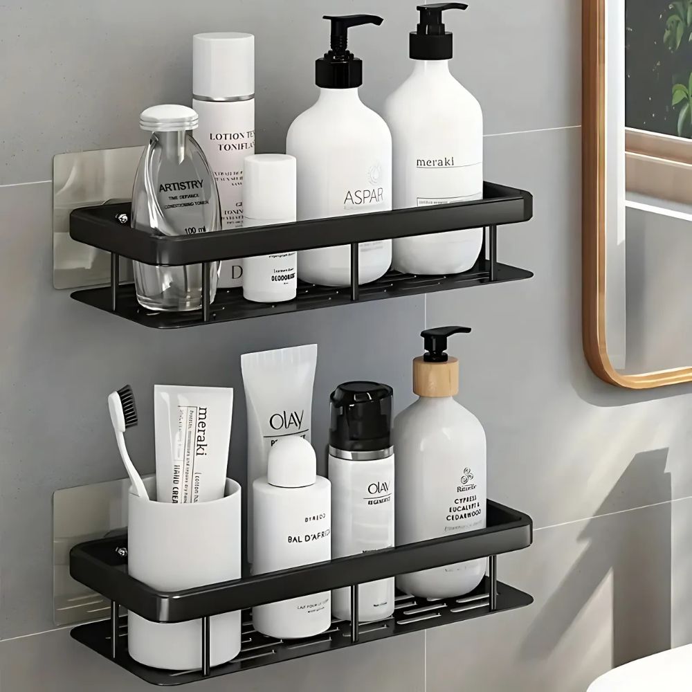 Wall-Mounted Shower Caddy | Rust-Resistant Aluminum | Adhesive & Suction Mount | Space-Saving