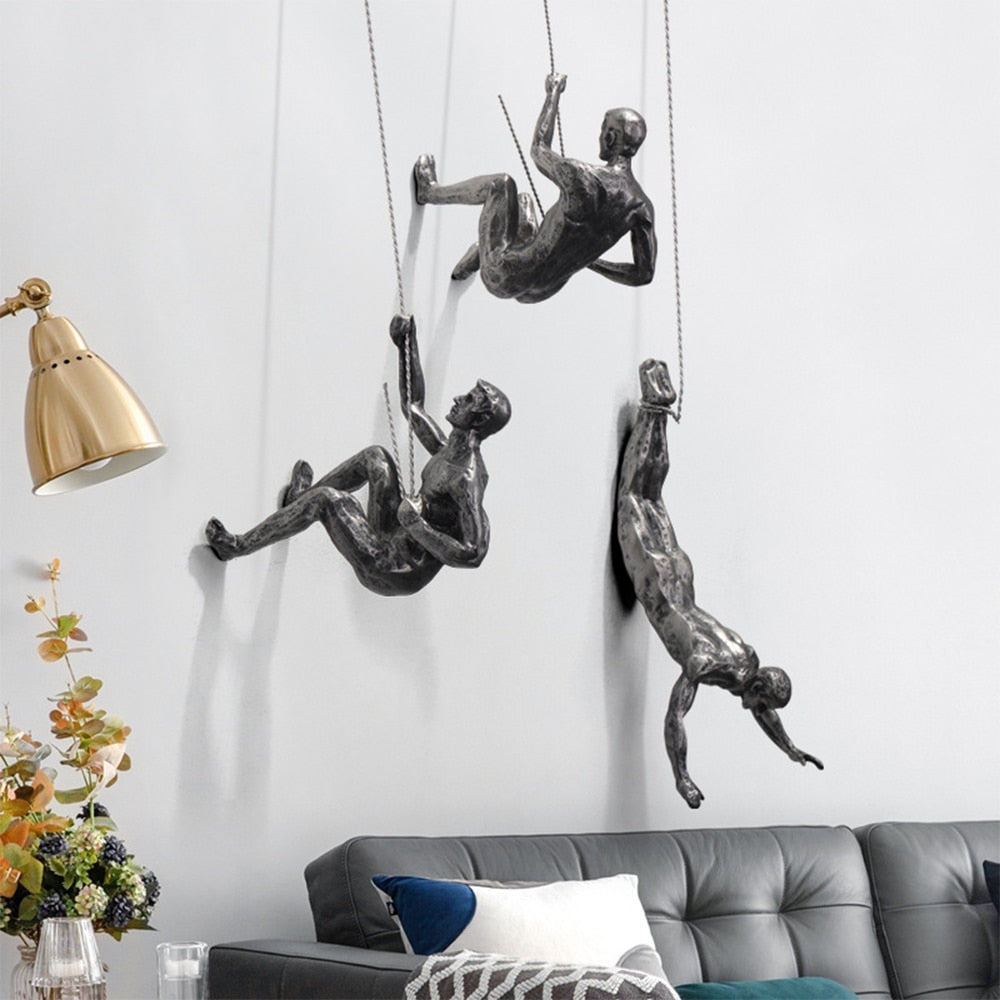 Wall Sculpture | Climbing Figure | Resin & Iron Wire | Modern Industrial Accent
