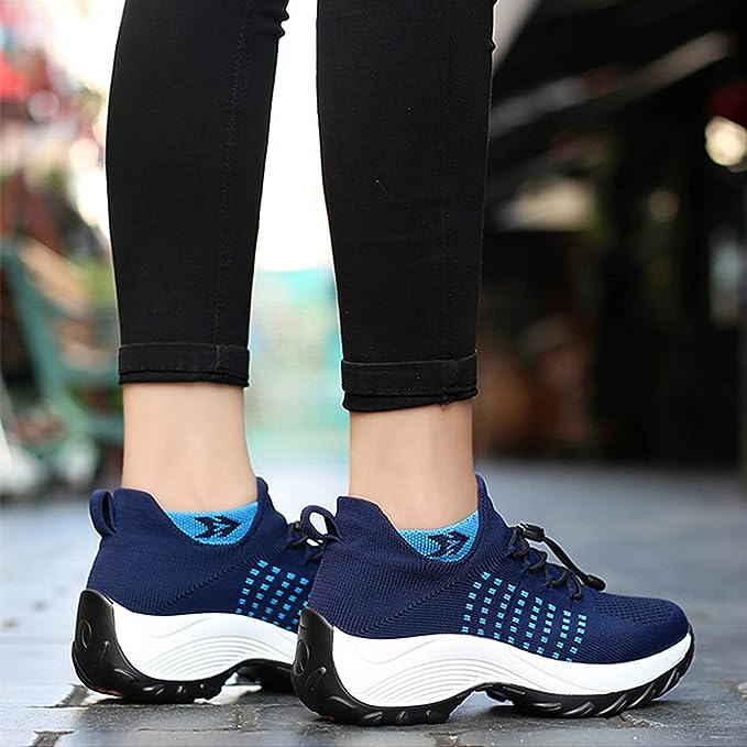 Women's Casual Slip-On Shoes | Mesh Upper & Elastic Lace | Two-Tone Thick Sole | Comfortable Fit