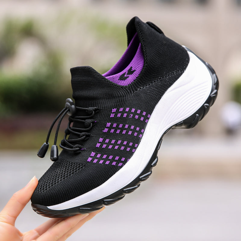 Women's Casual Slip-On Shoes | Mesh Upper & Elastic Lace | Two-Tone Thick Sole | Comfortable Fit