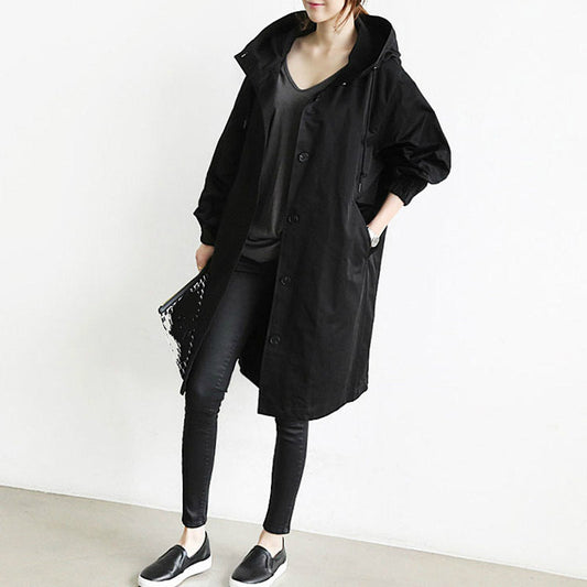 Women's Hooded Trench Coat | Relaxed A-Line | Button Front & Waist Drawstring