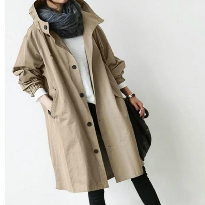 Women's Hooded Trench Coat | Relaxed A-Line | Button Front & Waist Drawstring