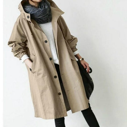 Women's Hooded Trench Coat | Relaxed A-Line | Button Front & Waist Drawstring