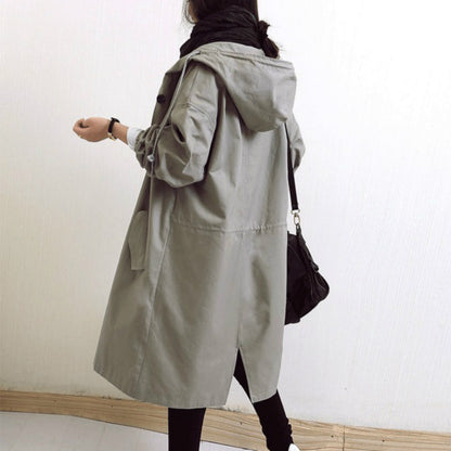 Women's Hooded Trench Coat | Relaxed A-Line | Button Front & Waist Drawstring