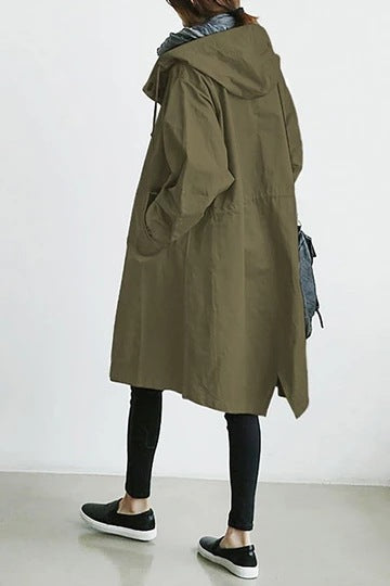 Women's Hooded Trench Coat | Relaxed A-Line | Button Front & Waist Drawstring