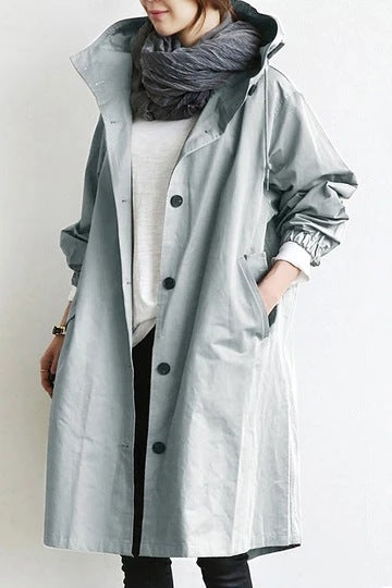 Women's Hooded Trench Coat | Relaxed A-Line | Button Front & Waist Drawstring