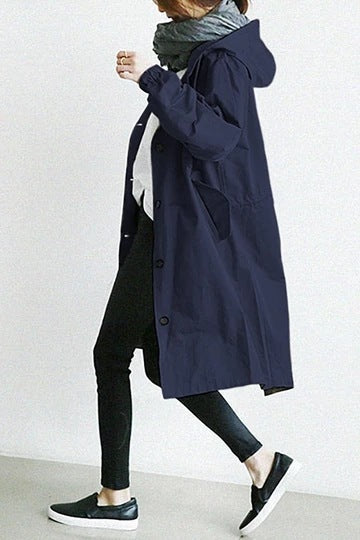 Women's Hooded Trench Coat | Relaxed A-Line | Button Front & Waist Drawstring